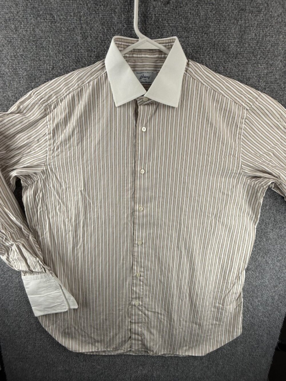 Brioni Long Sleeve Striped Beige Contrast Collar Button Up Shirt Italy 16.5R